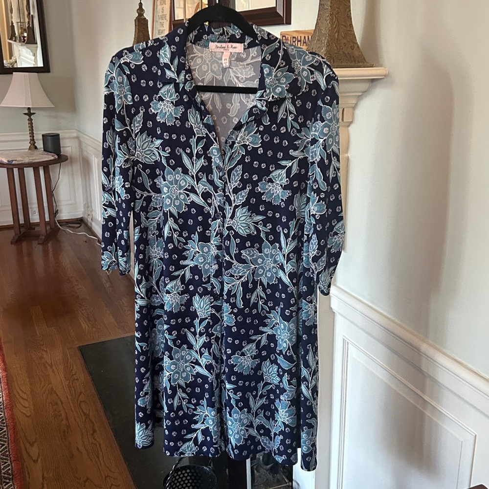 Floral Collared Shirt Dress Travelers Wrinkle Free Slinky Button Down Bluesy